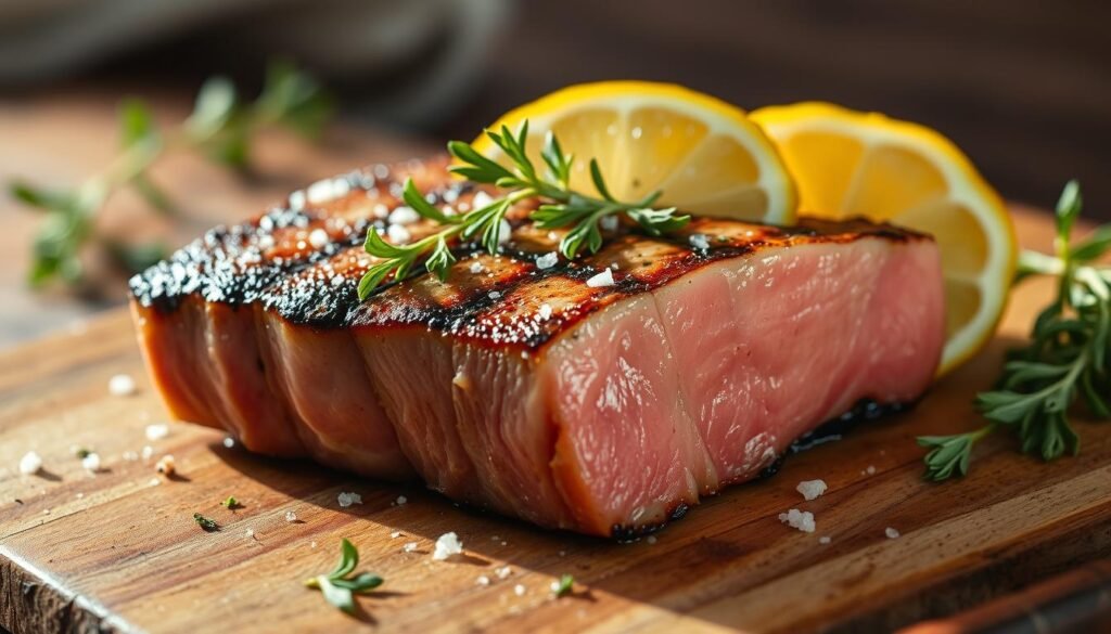 A sumptuous tuna steak grilled to perfection, garnished with fresh lemon wedges, fragrant herbs, and a sprinkle of sea salt. The seared exterior reveals a tender, juicy interior, enticing the senses. The scene is bathed in warm, natural lighting, highlighting the vibrant colors and textures of the dish. The tuna steak takes center stage, positioned on a rustic wooden surface, surrounded by a few scattered herb sprigs. The overall composition exudes an inviting, fuss-free elegance, perfectly capturing the essence of a simple yet delectable tuna steak recipe.