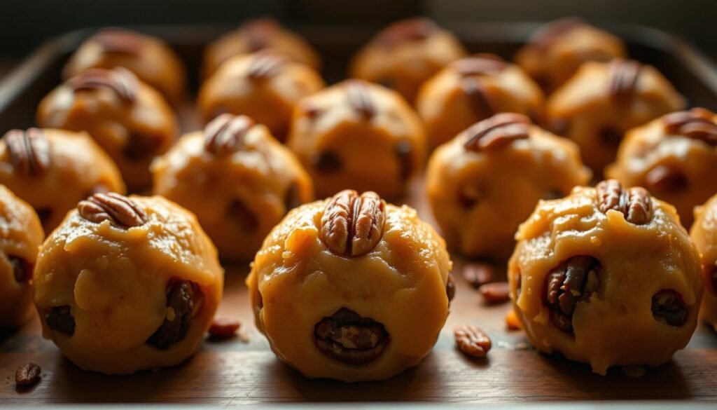 A tray of homemade pecan pie balls, freshly baked and glistening with a golden caramelized shell. Arranged in a rustic, informal manner, they sit atop a wood-grain surface, accentuating their homemade charm. Warm lighting casts a cozy glow, highlighting the rich, buttery hue of the pastry and the toasted pecans nestled within. The scene evokes a sense of nostalgia and comfort, inviting the viewer to imagine the delightful flavors and textures of this bite-sized treat. The focus is on the pecan pie balls, taking center stage while the background remains softly blurred, allowing the subject to shine.