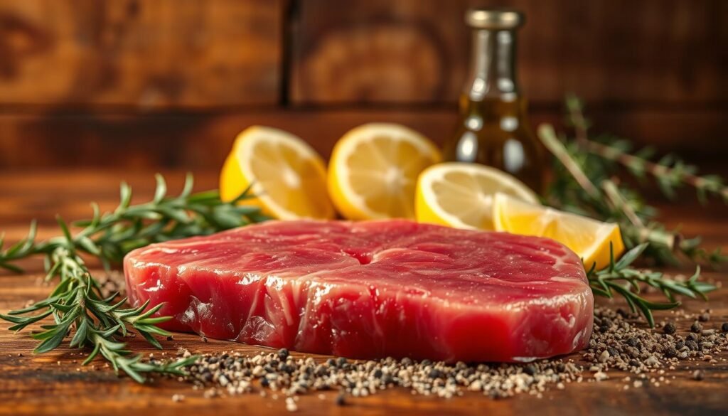 A vibrant arrangement of fresh tuna steak ingredients laid out against a rustic wooden surface, with warm, natural lighting casting a soft glow. In the foreground, the deep crimson tuna steak takes center stage, surrounded by a scatter of aromatic herbs and spices - fragrant sprigs of rosemary, thyme, and a dusting of cracked black pepper. In the middle ground, lemon wedges and a drizzle of golden olive oil add accents of brightness and richness. The background features a simple, uncluttered setting, allowing the ingredients to shine and highlighting their quality and simplicity. The overall mood is one of culinary elegance and the promise of a nourishing, flavor-filled meal.