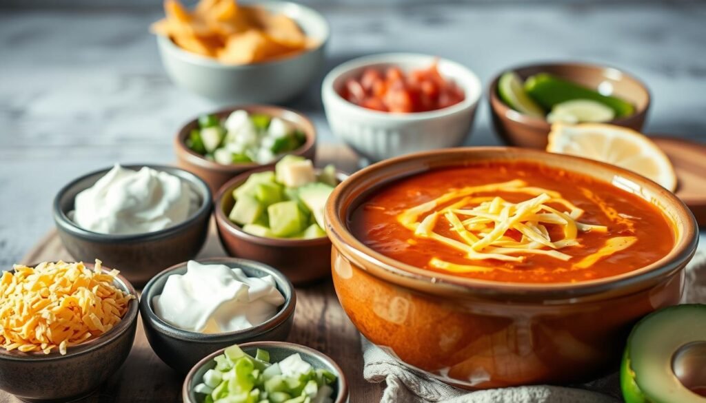 A vibrant arrangement of taco soup variations, beautifully captured in soft, natural lighting. In the foreground, several toppings such as shredded cheese, sour cream, crushed tortilla chips, and diced avocado are neatly organized. The midground features a large ceramic bowl filled with a rich, tomato-based taco soup, its surface topped with a swirl of melted cheese. In the background, additional bowls of complementary garnishes like diced onions, cilantro, and lime wedges add depth and variety. The overall scene conveys a sense of homemade comfort and culinary creativity, perfectly suited to illustrate the "Cooking Tips and Variations" section of the article.
