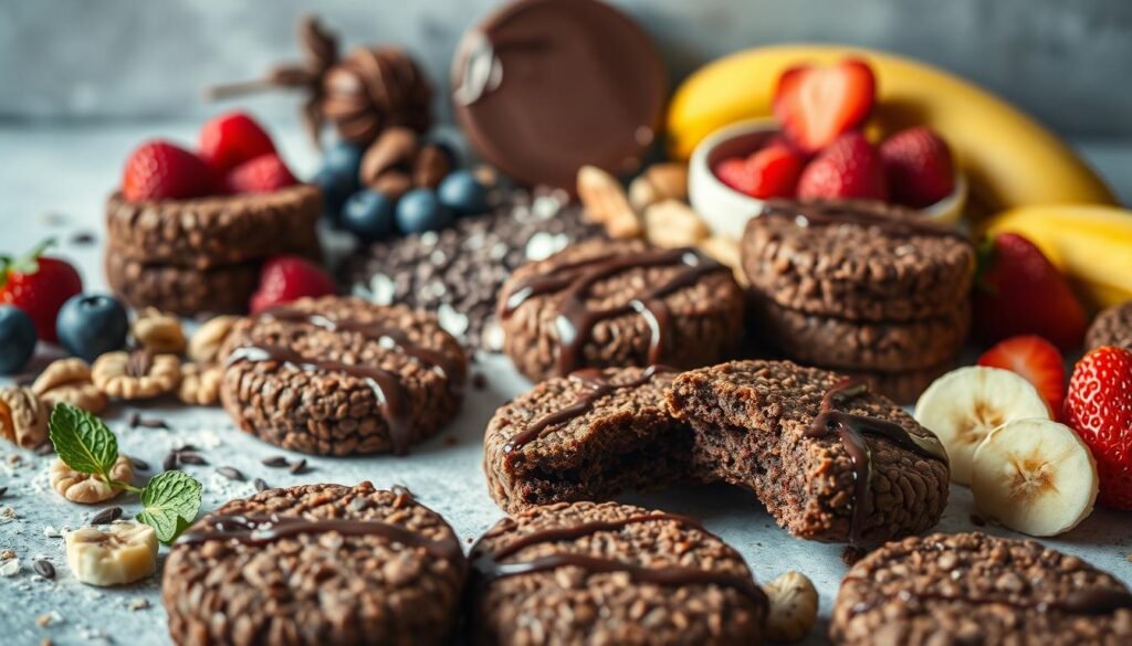 A vibrant still life scene showcasing a variety of healthy chocolate-flavored dessert options. In the foreground, an assortment of freshly prepared chocolate rice cakes, their crisp exteriors and fluffy interiors captured in rich, warm lighting. Surrounding them, an array of colorful, nutrient-dense ingredients such as fresh berries, sliced bananas, toasted nuts, and a drizzle of melted dark chocolate. In the middle ground, a selection of superfood superfoods like chia seeds, cocoa nibs, and shredded coconut, creating a visually appealing and texturally diverse composition. The background features a neutral, minimalist backdrop, allowing the healthy dessert options to take center stage. The image conveys a sense of indulgence and nourishment, perfectly capturing the essence of the "Ingredients That Make My Recipe Stand Out" section.