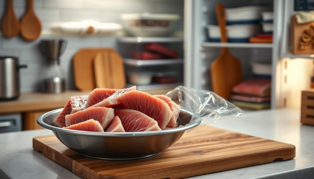 A well-lit kitchen countertop with a stainless steel bowl filled with fresh tuna steaks, delicately arranged. Nearby, an open refrigerator showcases the proper storage conditions - clear plastic wrap and airtight containers. Soft, diffused light illuminates the scene, highlighting the moist, vibrant texture of the fish. Wooden cutting boards and kitchen utensils provide a natural, rustic backdrop, conveying the care and attention required to preserve tuna's tenderness and flavor. The overall mood is one of culinary expertise and food preservation know-how.
