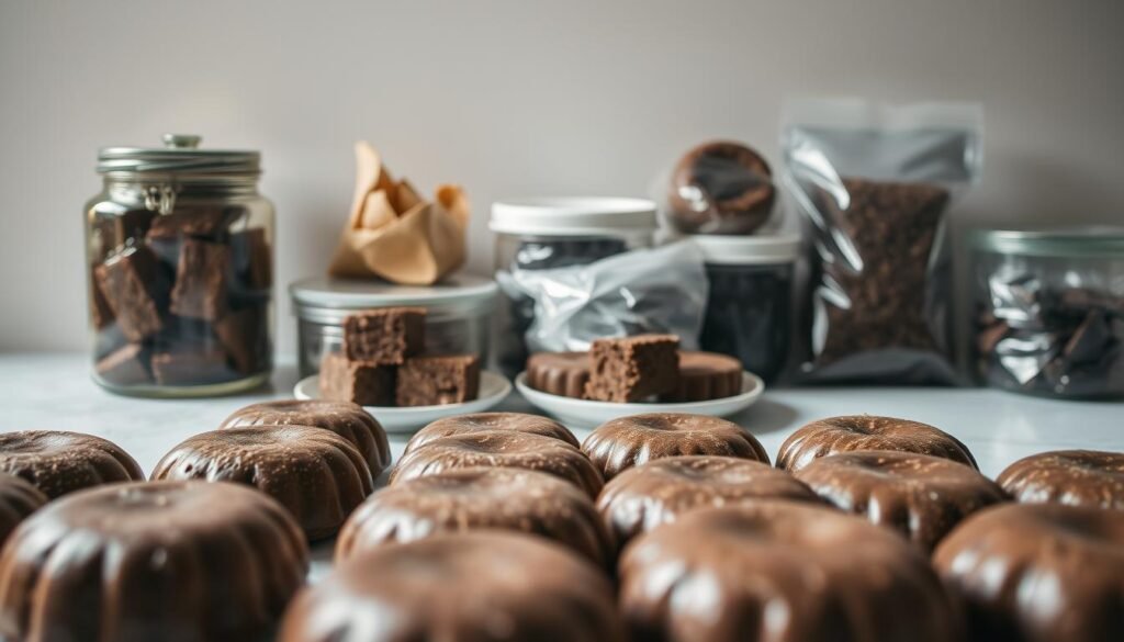 A well-lit, stylized still life showcasing a variety of delicious rice cake variations. In the foreground, an assortment of freshly made chocolate rice cakes, their glossy surfaces reflecting the soft lighting. In the middle ground, different storage containers - airtight jars, plastic wrap-covered plates, and resealable bags - demonstrating effective ways to preserve the cakes' texture and flavor. The background features a clean, minimalist surface, perhaps a wooden table or marble countertop, creating a sense of elegance and simplicity. The overall composition emphasizes the importance of proper storage techniques to maintain the irresistible appeal of these tasty treats.