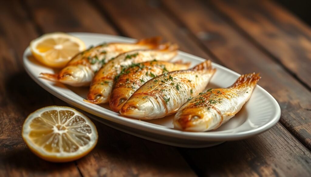 Crisp, golden-brown smelt fish fillets, glistening with a light dusting of herbs, arranged artfully on a white ceramic plate. Lemon wedges nestled alongside, their juicy pulp begging to be squeezed over the delicate, flaky fish. The plate is set on a rustic wooden table, with a natural, earthy background that complements the dish's simplicity. Soft, diffused lighting casts a warm, inviting glow, highlighting the vibrant colors and textures of the ingredients. The overall scene exudes a sense of casual elegance, perfectly capturing the "Delightful Serving Suggestions for Every Occasion" theme.