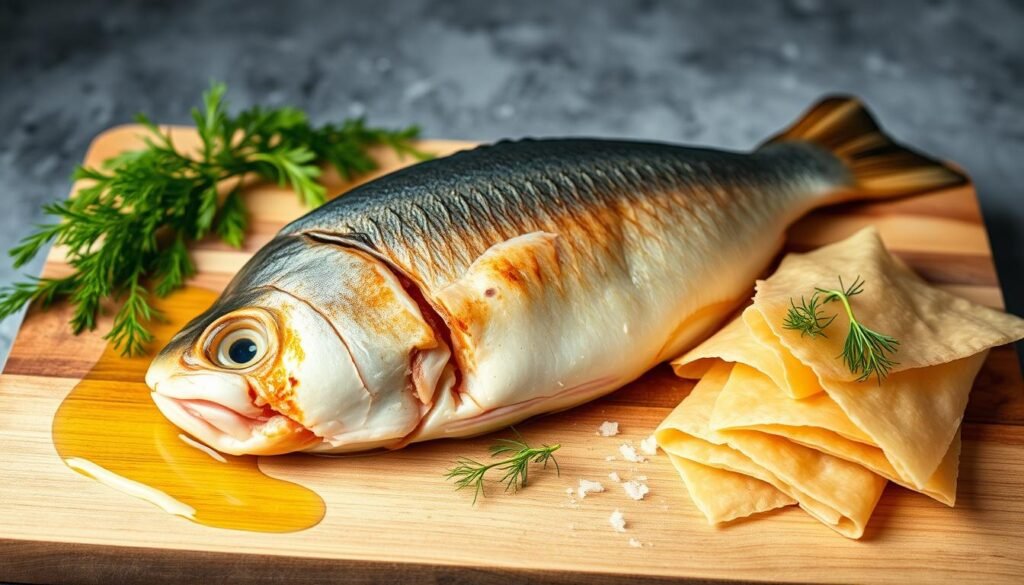 Freshly caught fish fillet, glistening with natural oils, arranged neatly on a rustic wooden cutting board. Beside it, a pile of delicate filo pastry sheets, their crisp, golden-brown texture inviting touch. Sprigs of fragrant herbs, such as dill and parsley, scattered artfully around the board, adding a touch of greenery. A drizzle of golden olive oil and a sprinkle of sea salt complete the scene, creating a mouthwatering display of the key ingredients for a delicious fish-wrapped-in-filo dish. Soft, even lighting from an overhead source casts a warm glow over the scene, highlighting the natural textures and colors.