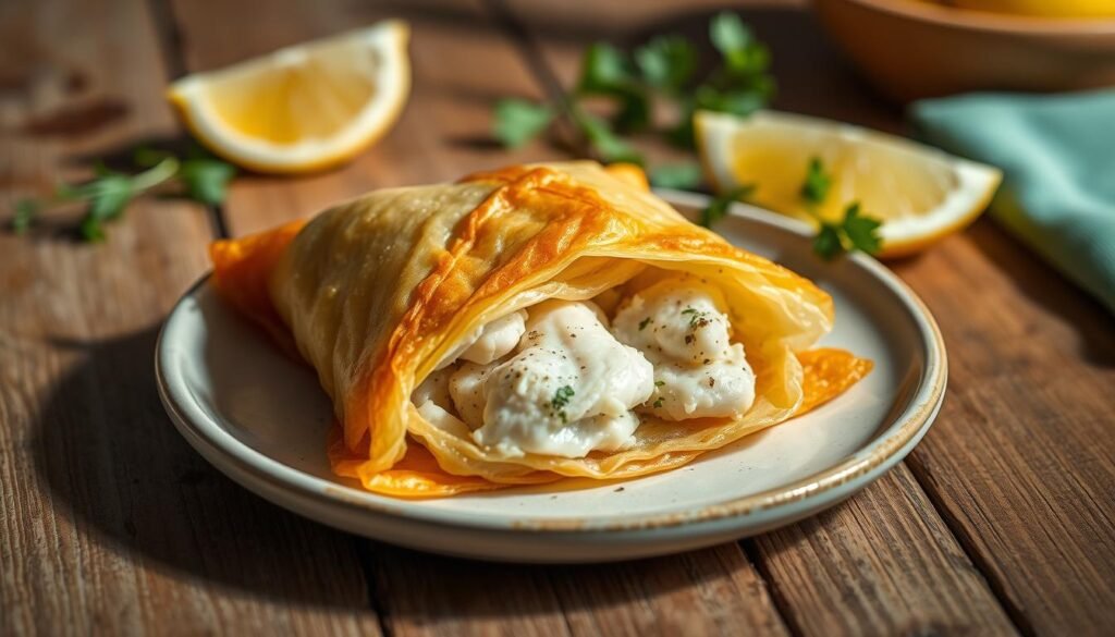 a delicate filo pastry parcel, filled with tender white fish, presented on a rustic wooden table. the pastry is golden and flaky, with intricate folds and a light, airy texture. the fish inside is moist and flavorful, seasoned with a blend of aromatic herbs and spices. the parcel is arranged on a simple, unadorned plate, with a few fresh herbs and lemon wedges as garnish. the scene is illuminated by soft, natural lighting, casting gentle shadows and highlighting the textures of the ingredients. the overall atmosphere is one of simple elegance and homemade comfort.