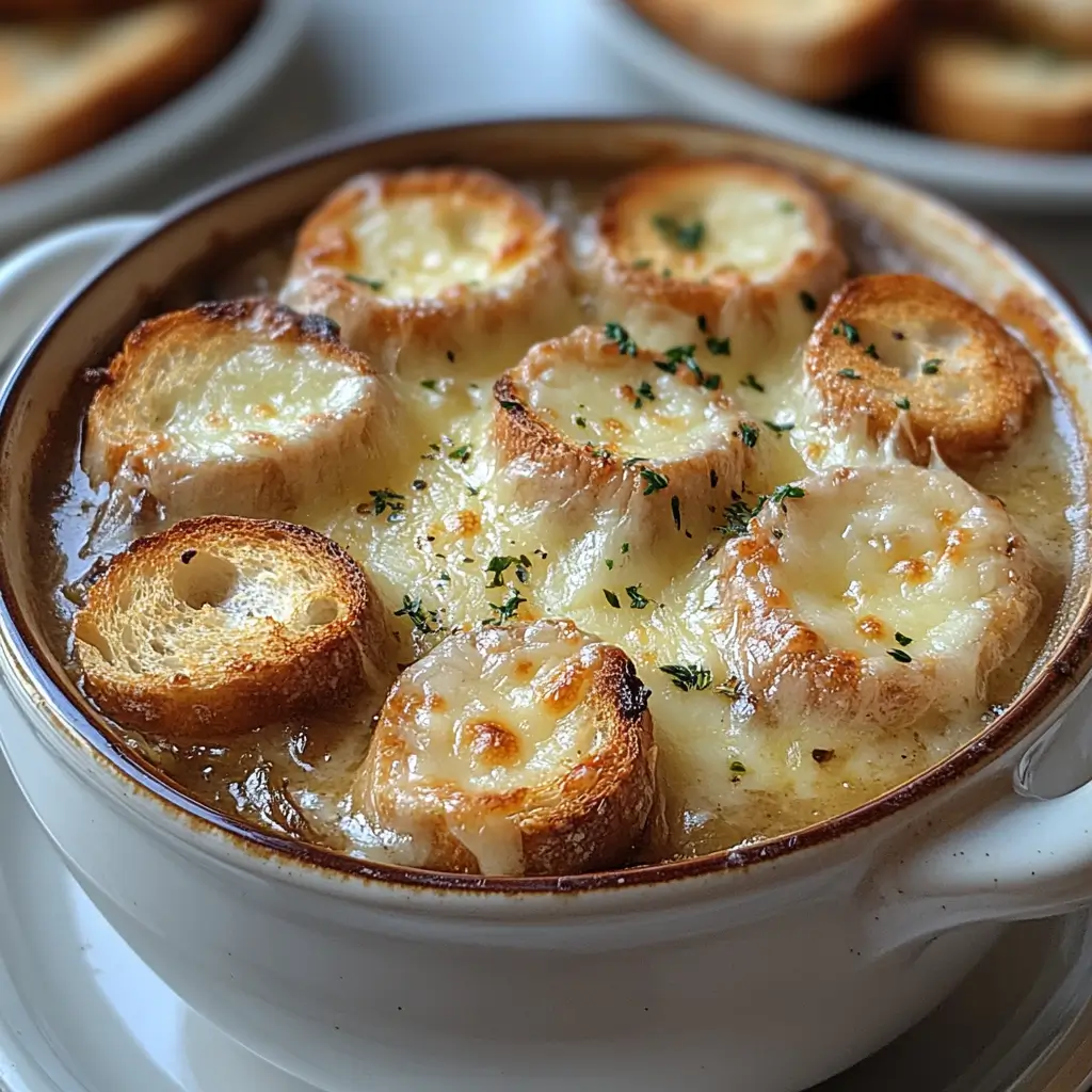 French onion soup topped with melted Gruyère and toasted baguette slices.
