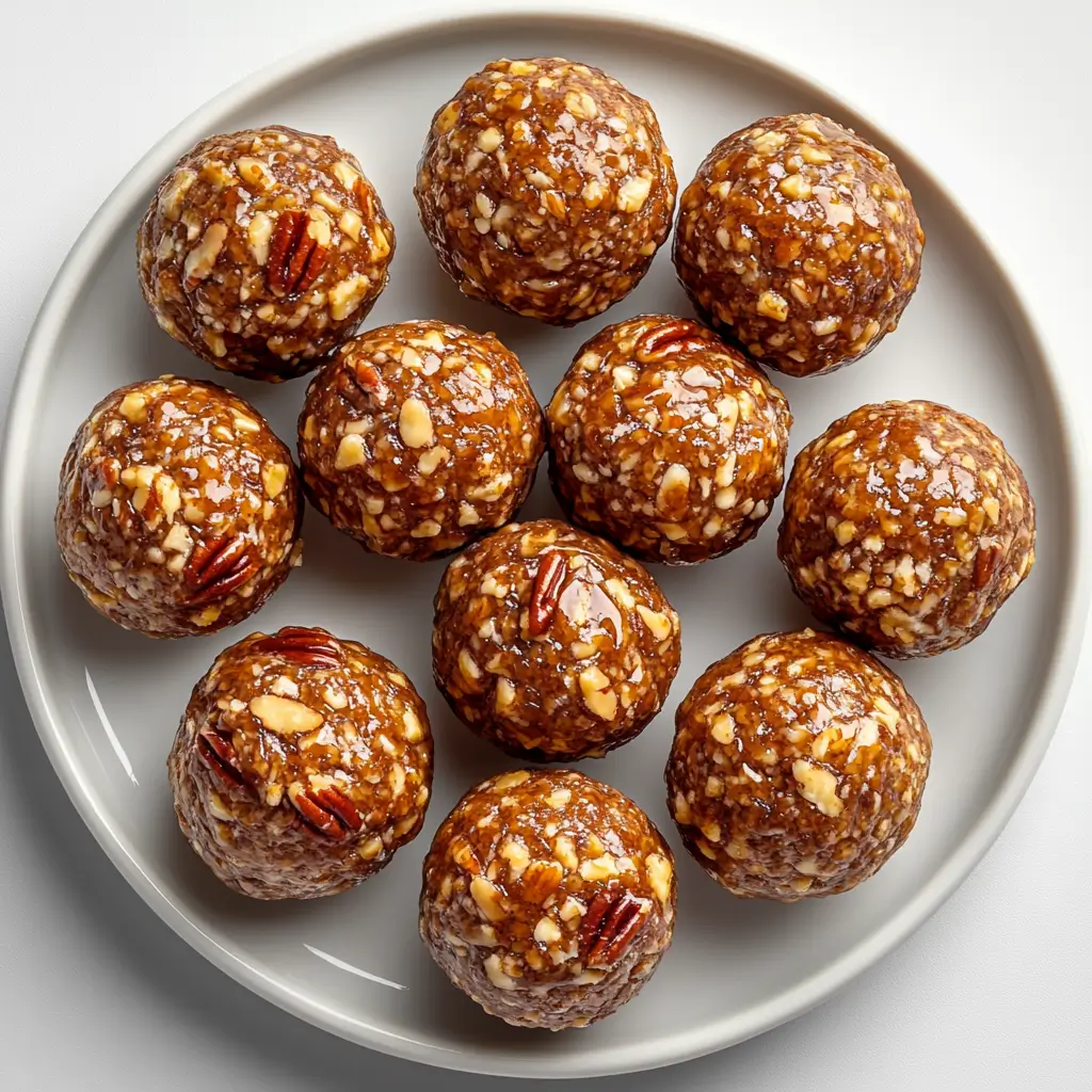 No-bake pecan pie balls with visible pecans on a white plate.