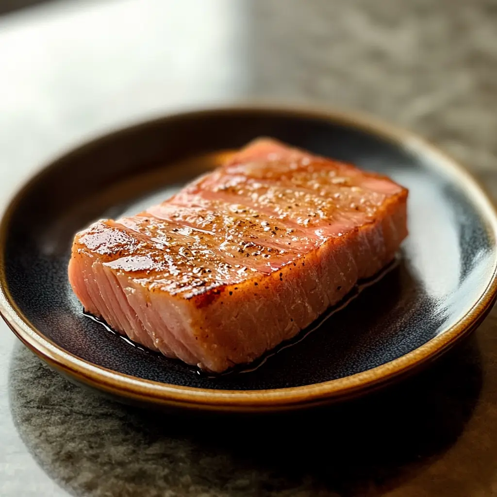 Cooked tuna steak with a seared outside and pink center on a plate.