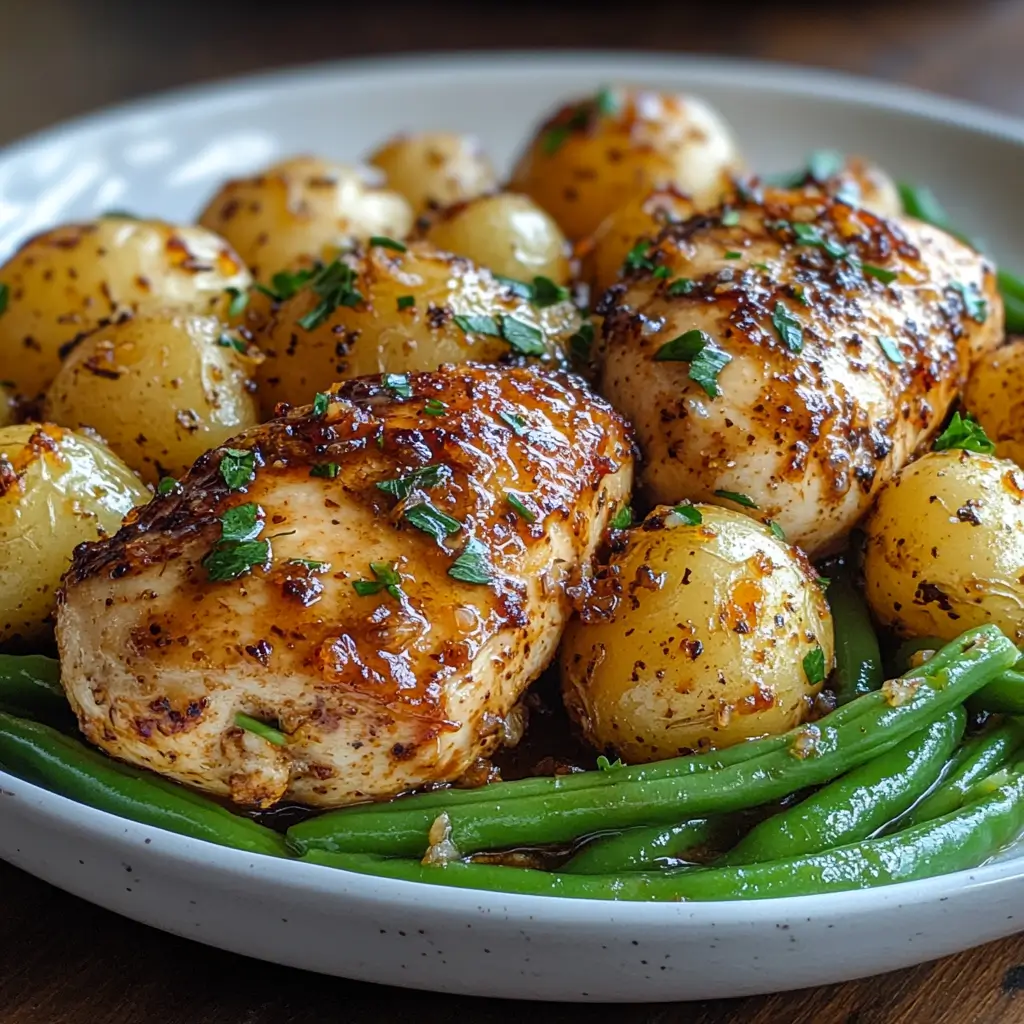 Crockpot chicken with baby potatoes and green beans coated in buttery onion glaze.
