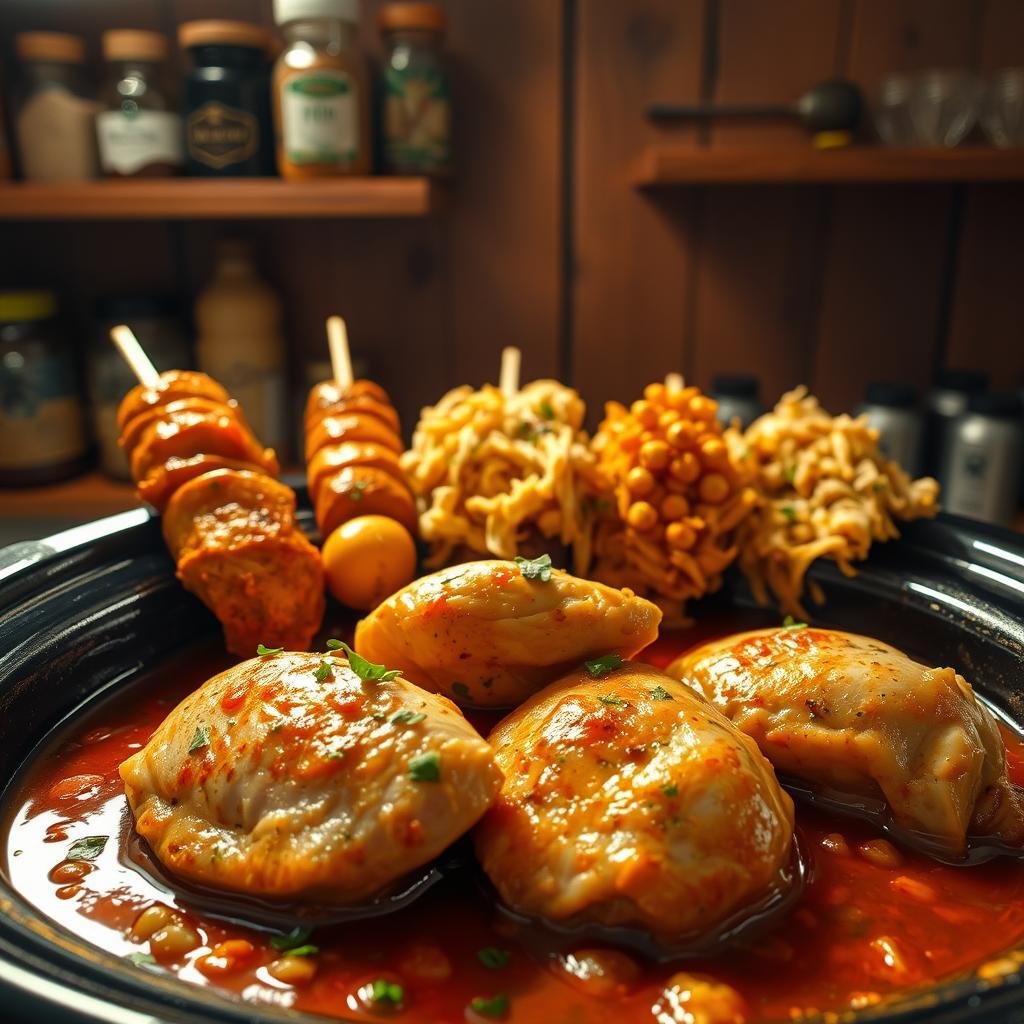A beautifully lit, rustic-style crockpot dish showcasing five distinct chicken variations. In the foreground, tender chicken breasts in a rich, aromatic sauce, garnished with fresh herbs. Behind, additional chicken preparations - skewered, shredded, and diced, each with its own vibrant marinade. Dimly lit wooden shelves in the background hold various spices and seasonings, hinting at the flavorful potential of this simple yet versatile recipe. Warm, golden lighting casts a cozy glow, inviting the viewer to imagine the delicious aromas. Captured at a slight angle, the composition draws the eye through the layers of this delectable crockpot creation. A beautifully lit, rustic-style crockpot dish showcasing five distinct chicken variations. In the foreground, tender chicken breasts in a rich, aromatic sauce, garnished with fresh herbs. Behind, additional chicken preparations - skewered, shredded, and diced, each with its own vibrant marinade. Dimly lit wooden shelves in the background hold various spices and seasonings, hinting at the flavorful potential of this simple yet versatile recipe. Warm, golden lighting casts a cozy glow, inviting the viewer to imagine the delicious aromas. Captured at a slight angle, the composition draws the eye through the layers of this delectable crockpot creation.