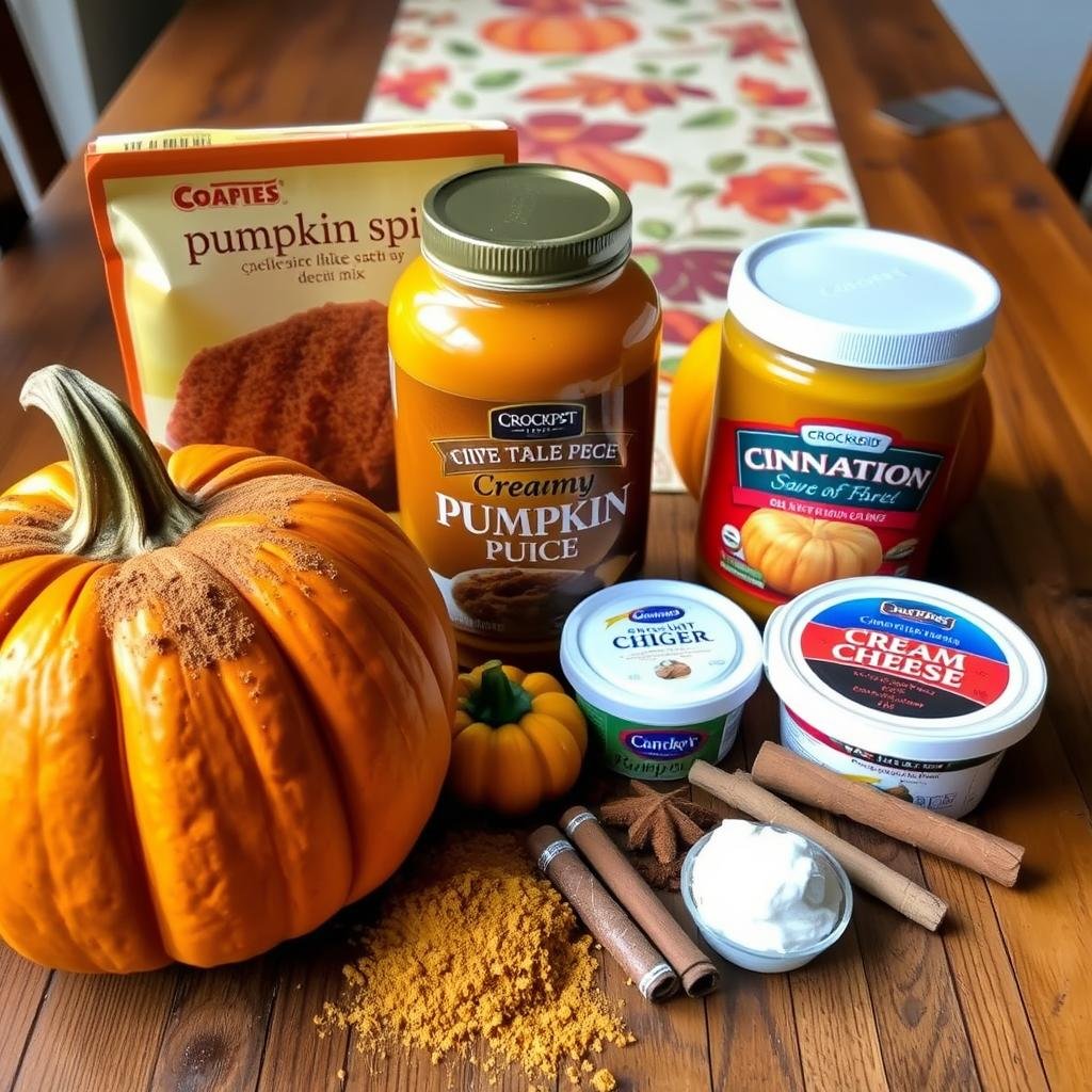 A bountiful arrangement of ingredients for a delectable crockpot pumpkin lava cake. In the foreground, a freshly carved pumpkin sits alongside a stack of cinnamon-dusted pumpkin spice cake mix, a jar of creamy pumpkin puree, and a tub of rich cream cheese. In the middle ground, a selection of fragrant spices - cinnamon, nutmeg, and ginger - are scattered artfully. The background features a rustic wooden table, with a cozy autumn-themed tablecloth, setting the scene for this comforting seasonal dessert. Warm, natural lighting casts a soft glow over the entire composition, evoking the inviting, homemade atmosphere of this irresistible pumpkin lava cake.