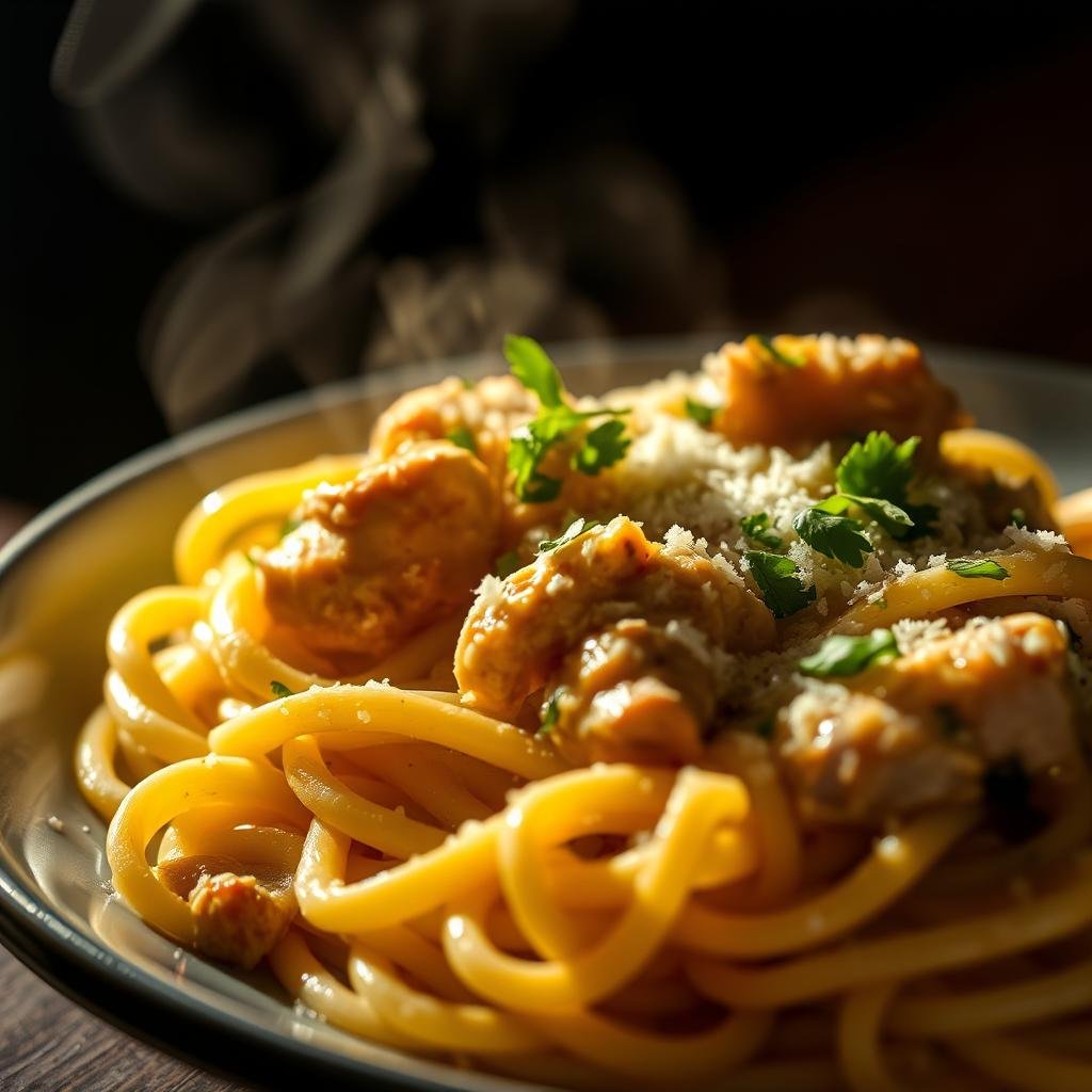 A close-up shot of a steaming plate of freshly prepared Garlic Parmesan Chicken Pasta, lit from the side to emphasize the textures and highlights. The creamy, slightly golden sauce coats the al dente pasta, with pieces of tender, juicy chicken and a generous sprinkling of grated Parmesan cheese. The dish is garnished with freshly chopped parsley, adding a vibrant pop of color. The lighting casts dramatic shadows, creating a sense of depth and dimension. The overall mood is one of comforting, homemade indulgence, inviting the viewer to savor the rich, flavor-packed dish.