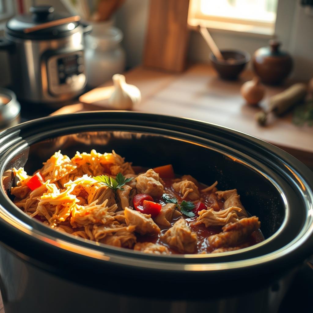 A cozy and inviting kitchen scene, bathed in warm, natural lighting. In the foreground, a simple crockpot meal - tender, shredded chicken simmering in a rich, fragrant sauce. Earthy vegetables and herbs add vibrant pops of color. The middle ground showcases a few basic, rustic ingredients - onions, garlic, spices - suggesting the ease of preparation. In the background, a wooden table or countertop, with a few essential kitchen tools nearby, creating a sense of homespun simplicity. The overall mood is one of comfort, nourishment, and the joys of uncomplicated, wholesome cooking. A cozy and inviting kitchen scene, bathed in warm, natural lighting. In the foreground, a simple crockpot meal - tender, shredded chicken simmering in a rich, fragrant sauce. Earthy vegetables and herbs add vibrant pops of color. The middle ground showcases a few basic, rustic ingredients - onions, garlic, spices - suggesting the ease of preparation. In the background, a wooden table or countertop, with a few essential kitchen tools nearby, creating a sense of homespun simplicity. The overall mood is one of comfort, nourishment, and the joys of uncomplicated, wholesome cooking.