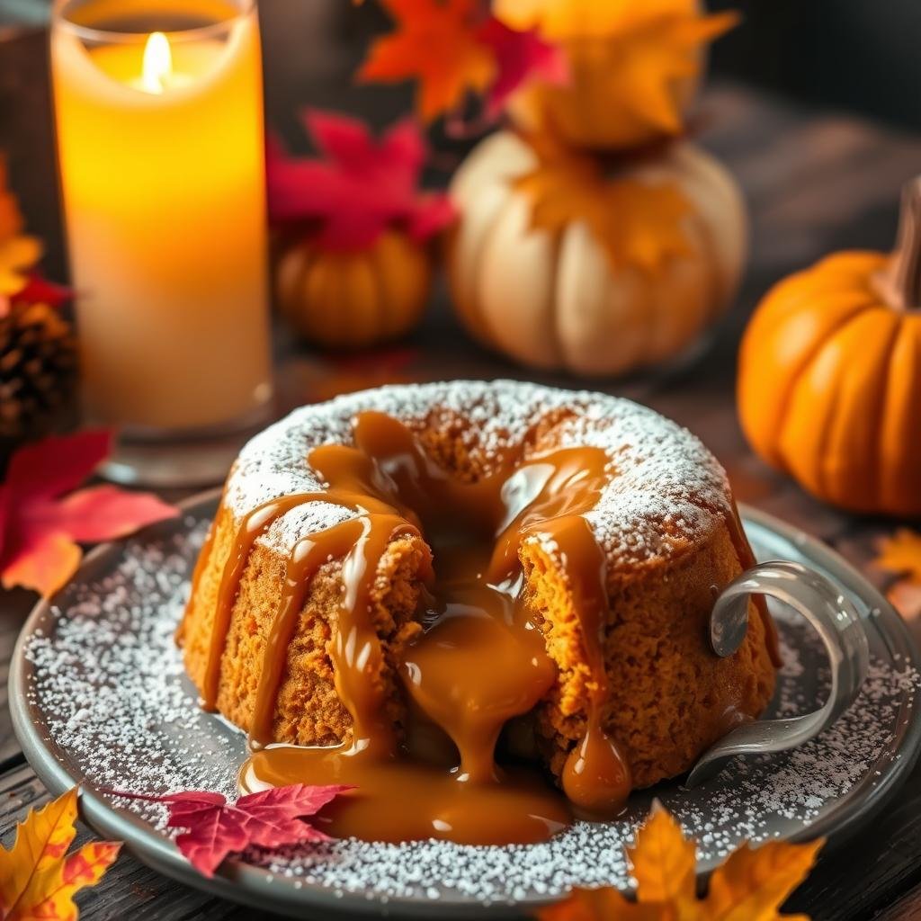 A cozy autumn scene featuring a sumptuous crockpot pumpkin lava cake, freshly baked and drizzled with a rich, velvety caramel sauce. The cake's molten center oozes with pumpkin goodness, surrounded by a golden, fluffy exterior dusted with a light coating of powdered sugar. Warm candlelight casts a soft, gentle glow, creating an inviting and festive atmosphere. Vibrant autumn leaves and gourds adorn the rustic wooden table, adding pops of color and seasonal charm. A steaming mug of apple cider or spiced tea completes this indulgent and celebratory dessert spread, perfect for cozy autumn gatherings and holiday festivities.