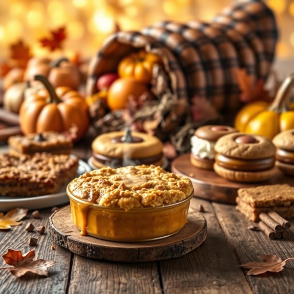 A cozy autumnal scene showcasing a variety of seasonal desserts. In the foreground, a steaming pumpkin cobbler with a golden, crumbly topping sits on a rustic wooden table, surrounded by various fall-inspired treats - spiced apple tarts, maple-walnut bars, and pumpkin whoopie pies. The middle ground features a cornucopia overflowing with seasonal produce - pumpkins, apples, cinnamon sticks, and dried leaves. The background is bathed in warm, golden light, evoking a cozy, inviting atmosphere. The overall composition captures the essence of autumn's bounty and the comforting flavors of the season.
