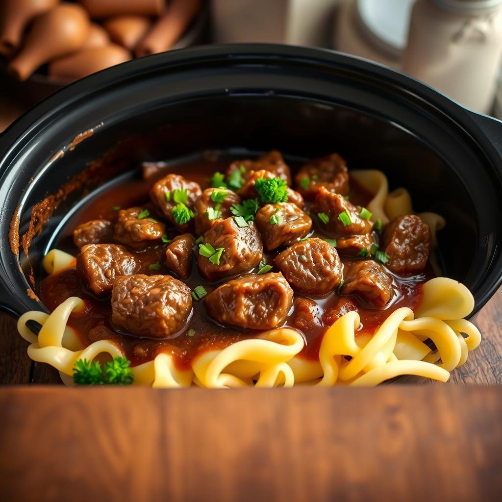 A cozy crockpot filled with tender beef tips in a rich, hearty gravy, surrounded by a bed of fluffy egg noodles. The dish is garnished with chopped fresh parsley, adding a vibrant pop of green. A wooden table in the foreground sets the rustic, homey scene, while a soft, warm light emanates from the background, creating a comforting and inviting atmosphere. The image captures the essence of a soulful, slow-cooked comfort meal, ready to be served and enjoyed.
