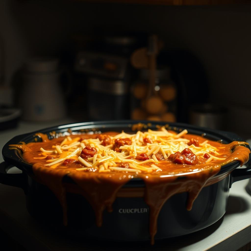 A cozy, dimly lit kitchen scene featuring a slow cooker on the countertop filled with rich, bubbling enchilada sauce. Melted cheese and tender shredded chicken spill over the sides, creating an inviting, comfort-food display. The background is hazy, with hints of warm, earthy tones and soft, diffused lighting casting a soothing glow. The overall mood is relaxed and homey, reflecting the effortless, "lazy" nature of the dish. The camera angle is slightly elevated, providing an appetizing, mouth-watering view of the enchiladas. A cozy, dimly lit kitchen scene featuring a slow cooker on the countertop filled with rich, bubbling enchilada sauce. Melted cheese and tender shredded chicken spill over the sides, creating an inviting, comfort-food display. The background is hazy, with hints of warm, earthy tones and soft, diffused lighting casting a soothing glow. The overall mood is relaxed and homey, reflecting the effortless, "lazy" nature of the dish. The camera angle is slightly elevated, providing an appetizing, mouth-watering view of the enchiladas.