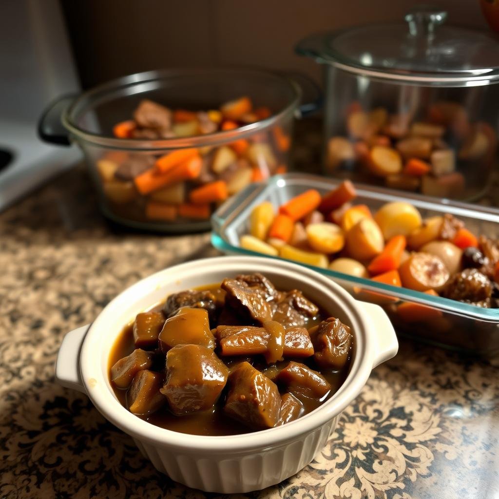 A cozy kitchen counter showcases a variety of homemade crockpot leftovers. In the foreground, a ceramic bowl overflows with tender beef tips in a rich, caramelized onion gravy. Beside it, a shallow dish holds fragrant roasted vegetables - carrots, potatoes, and onions. In the background, a clear glass container displays the remaining portions, ready to be reheated and enjoyed. Warm, ambient lighting casts a comforting glow, inviting the viewer to imagine the satisfying flavors. The scene exudes a sense of rustic, homey abundance, reflecting the hearty, slow-cooked goodness of crockpot meals.