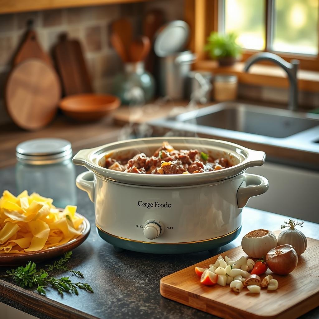 A cozy kitchen counter with a vintage-inspired crockpot and an array of comfort food ingredients - tender beef, thick egg noodles, fresh herbs, and aromatic spices. Warm lighting from a nearby window casts a soft glow, creating an inviting atmosphere. The crockpot's ceramic interior is filled with a rich, savory stew, its steam gently rising. Nearby, a cutting board holds freshly chopped onions and garlic, ready to be added to the slow-cooked meal. The scene evokes the comforting aroma and nostalgic feeling of a homemade crockpot dish, perfect for an article on hearty, comforting slow-cooker meals.