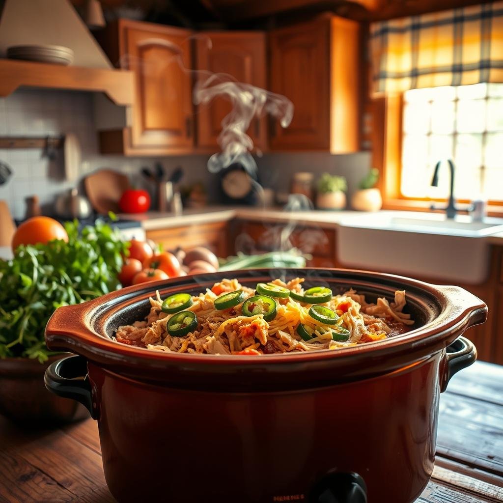 A cozy, well-lit kitchen scene showcasing a hearty crockpot meal. In the foreground, a rustic ceramic crockpot filled with a thick, bubbling stew of shredded chicken, diced jalapeños, and melted cheese. Wisps of steam rise from the pot, hinting at the rich flavors within. The middle ground features fresh herbs, whole spices, and vibrant vegetables neatly arranged, ready to be added to the slow-cooked dish. The background reveals a quaint, country-style kitchen with wooden cabinets, a farmhouse sink, and a large window flooding the scene with warm, natural light. The overall mood is one of homey comfort and nourishing goodness.