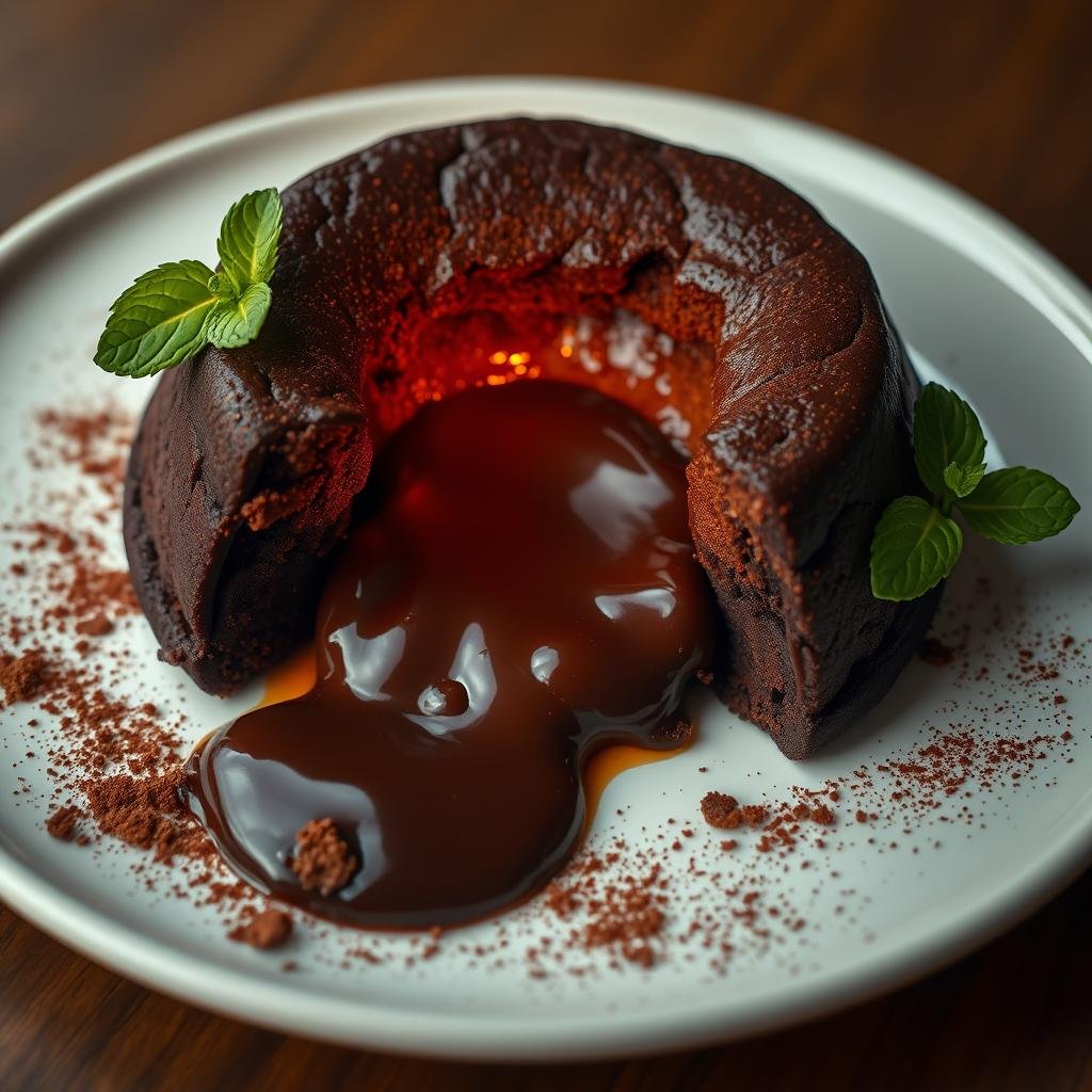 A decadent chocolate lava cake, fresh from the oven, its molten center oozing with rich, dark chocolate. The surface is glossy and crackled, a thin layer of baked cake giving way to a soft, gooey interior. Served on a white ceramic plate, a dusting of cocoa powder and a sprig of mint add a touch of elegance. Warm lighting casts a cozy glow, highlighting the cake's alluring texture and enticing the senses. The composition is clean and minimalist, drawing the eye to the star of the show - the irresistible chocolate lava cake.