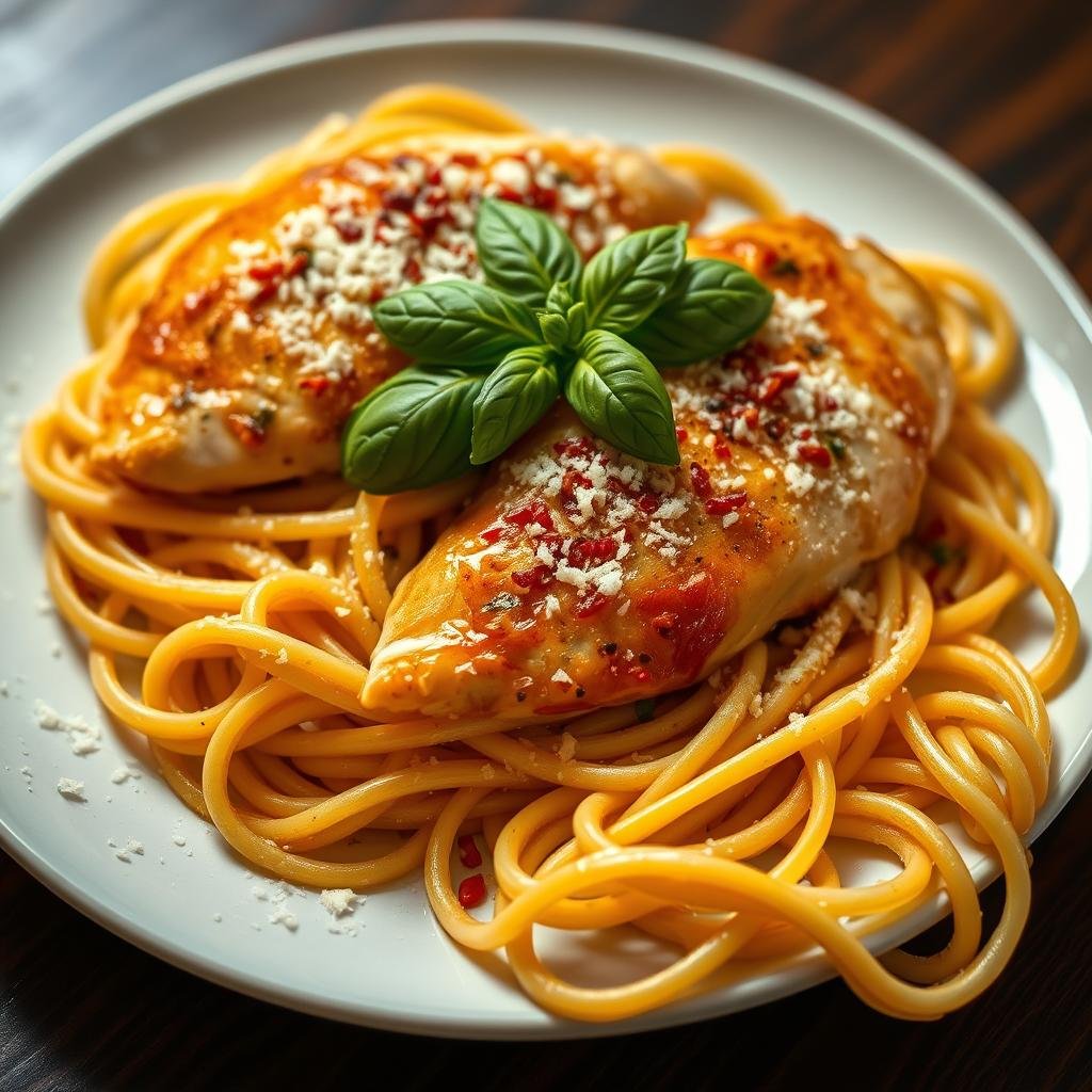 A delectable dish takes center stage in a beautifully styled presentation. A plate of al dente pasta twirls gracefully, topped with tender, golden-brown chicken breasts. The garlic-infused sauce glistens, sprinkled with a generous dusting of grated Parmesan cheese. Fresh basil leaves and a sprinkling of crushed red pepper flakes add vibrant pops of color and aroma. The arrangement is artfully composed, with the pasta elegantly draped over the plate's edge, inviting the viewer to take a seat at the table and indulge in this flavor-packed comfort food. Soft, warm lighting casts a cozy glow, creating an appetizing and welcoming atmosphere.