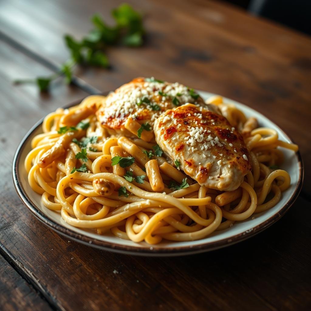 A delectable homemade garlic parmesan chicken pasta dish, expertly plated on a rustic wooden table. The pasta is al dente, coated in a rich, creamy parmesan sauce, and topped with tender, golden-brown chicken breast. Freshly chopped parsley and a sprinkle of parmesan cheese add vibrant pops of color and flavor. Soft, diffused lighting casts a warm, inviting glow, highlighting the dish's comforting and appetizing qualities. The camera captures the scene from a low angle, emphasizing the enticing aromas and textures of this flavor-packed, family-style meal.