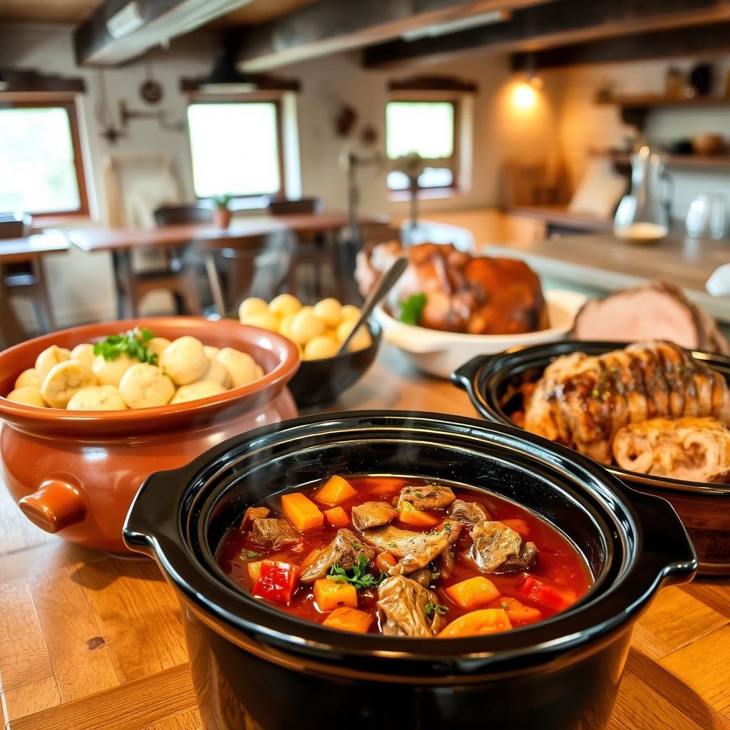A delicious assortment of slow-cooked meals presented in a rustic, cozy setting. In the foreground, a hearty beef stew simmers in a large ceramic crockpot, the steam rising and mingling with the aroma of tender meat, root vegetables, and fragrant herbs. In the middle ground, a creamy chicken and dumplings dish sits atop a wooden table, garnished with fresh parsley. Alongside, a succulent pork shoulder rests in a deep dish, the meat falling apart at the touch. In the background, a warm, inviting kitchen with exposed beams and soft lighting creates an atmosphere of comfort and homemade goodness. The overall scene evokes the satisfaction and anticipation of a delicious, slow-cooked meal. A delicious assortment of slow-cooked meals presented in a rustic, cozy setting. In the foreground, a hearty beef stew simmers in a large ceramic crockpot, the steam rising and mingling with the aroma of tender meat, root vegetables, and fragrant herbs. In the middle ground, a creamy chicken and dumplings dish sits atop a wooden table, garnished with fresh parsley. Alongside, a succulent pork shoulder rests in a deep dish, the meat falling apart at the touch. In the background, a warm, inviting kitchen with exposed beams and soft lighting creates an atmosphere of comfort and homemade goodness. The overall scene evokes the satisfaction and anticipation of a delicious, slow-cooked meal.