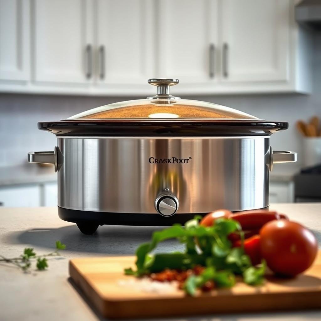 A gleaming stainless steel crockpot sits center stage, its elegant oval shape casting a warm, inviting glow. Soft, diffused lighting bathes the scene, highlighting the pot's sleek, polished exterior. In the foreground, a cutting board with fresh herbs and spices stands ready, hinting at the flavorful dish to come. The background is a minimalist kitchen setting, with clean white cabinets and a subtle tiled backsplash, creating a sense of order and simplicity. The overall atmosphere is one of culinary anticipation, reflecting the effortless preparation and delicious results promised by this essential piece of kitchen equipment. A gleaming stainless steel crockpot sits center stage, its elegant oval shape casting a warm, inviting glow. Soft, diffused lighting bathes the scene, highlighting the pot's sleek, polished exterior. In the foreground, a cutting board with fresh herbs and spices stands ready, hinting at the flavorful dish to come. The background is a minimalist kitchen setting, with clean white cabinets and a subtle tiled backsplash, creating a sense of order and simplicity. The overall atmosphere is one of culinary anticipation, reflecting the effortless preparation and delicious results promised by this essential piece of kitchen equipment.
