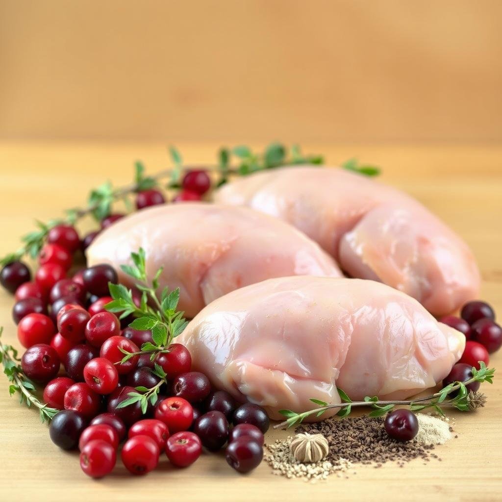 A neatly arranged assortment of fresh, juicy cranberries, tender chicken breasts, fragrant herbs, and aromatic spices lie against a softly focused, warm-toned background. Warm, natural lighting casts a gentle glow, highlighting the vibrant colors and textures of the ingredients. The composition is balanced, with the key elements positioned to draw the eye, inviting the viewer to imagine the delicious flavors and aromas of the perfect Cranberry Chicken dish.