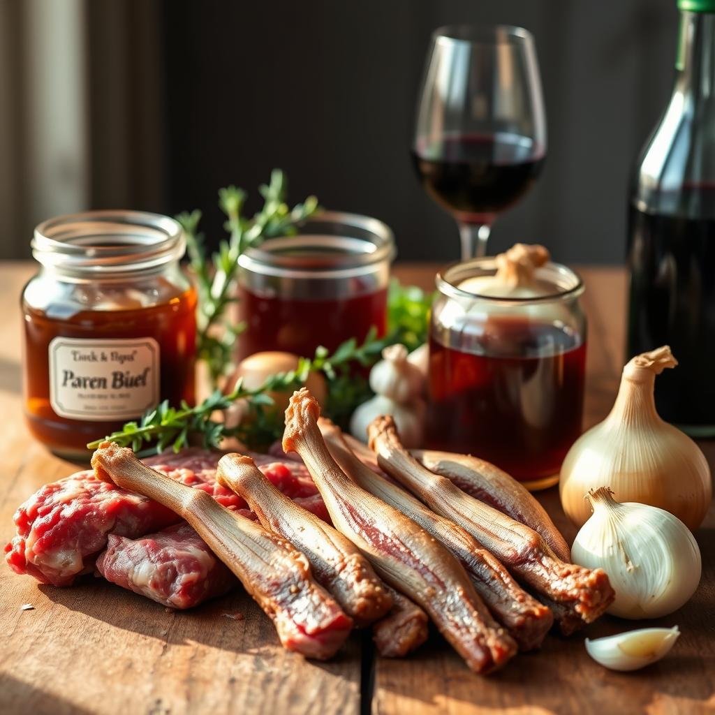 A neatly arranged still life showcasing the key ingredients for a delectable Crockpot French Onion Beef Tips dish. In the foreground, fresh beef tips, aromatic onions, and robust beef broth are carefully placed on a rustic wooden surface, bathed in warm, natural lighting. In the middle ground, sprigs of fresh thyme, garlic cloves, and a glass of red wine add depth and complexity. The background is subtly blurred, allowing the focus to remain on the mouthwatering ingredients that will come together to create a tender, flavorful meal.