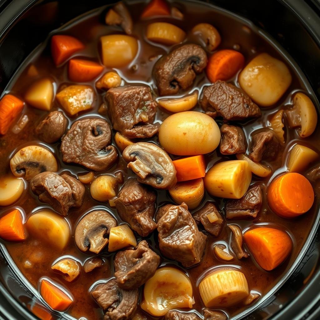 A perfectly cooked one-pot beef tips dish, simmered in a rich, savory gravy. Tender chunks of beef surrounded by a medley of sliced mushrooms, onions, and carrots, all glistening under soft, warm lighting. The scene is captured from a high angle, showcasing the hearty, comforting nature of this slow-cooked meal. A light steam rises from the dish, adding to the inviting atmosphere. The overall composition emphasizes the depth of flavors and textures, making this the quintessential step-by-step image for a delectable crockpot beef tips and noodles recipe.