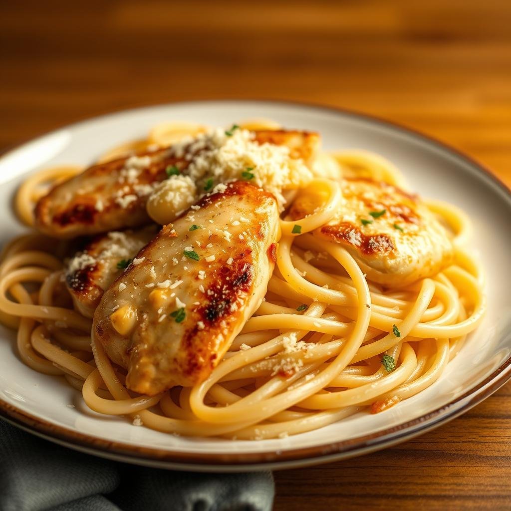 A plate of fresh, piping hot garlic parmesan chicken pasta takes center stage, the noodles glistening with a creamy, cheesy sauce. Tender chicken breasts are seared to a golden-brown perfection, nestled among the twirling strands. Fragrant garlic and a dusting of parmesan cheese elevate the dish, creating a symphony of comforting flavors. Warm lighting casts a cozy glow, accentuating the dish's inviting appearance. The image is captured from a slightly elevated angle, allowing the viewer to fully appreciate the appetizing presentation. This mouthwatering scene evokes the allure of a classic, indulgent pasta dish that promises to satisfy the senses and nourish the soul.