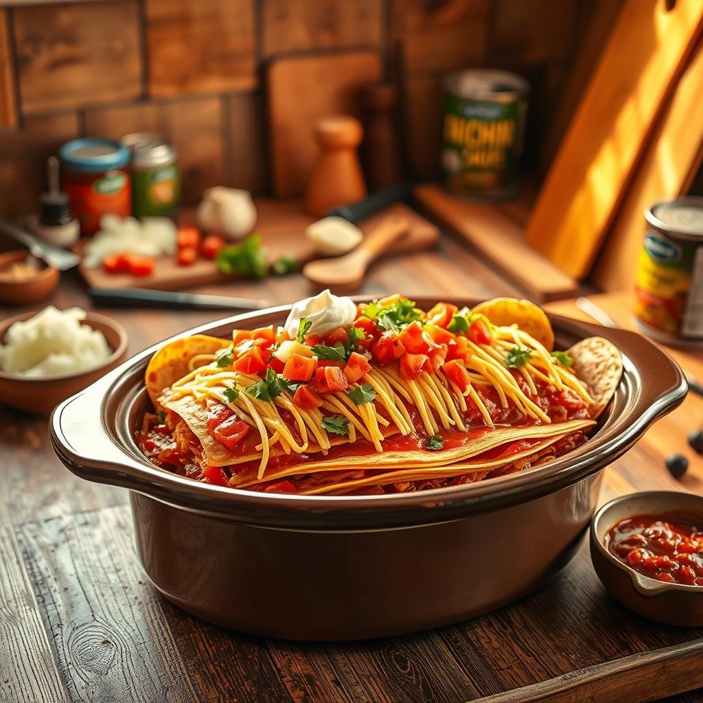 A rustic countertop bathed in warm, golden light. In the foreground, layered enchiladas assembled in a large, oval crockpot. Corn tortillas stacked with shredded chicken, melted cheese, and a rich, tangy enchilada sauce. Strands of cheese drape elegantly between the layers, creating a mouthwatering visual. Garnished with diced tomatoes, chopped cilantro, and a dollop of sour cream. The middle ground features various cooking ingredients - chopped onions, minced garlic, spices, and a can of enchilada sauce. In the background, a wooden cutting board and a few stray utensils, conveying the homemade, effortless nature of this slow-cooked dish. A rustic countertop bathed in warm, golden light. In the foreground, layered enchiladas assembled in a large, oval crockpot. Corn tortillas stacked with shredded chicken, melted cheese, and a rich, tangy enchilada sauce. Strands of cheese drape elegantly between the layers, creating a mouthwatering visual. Garnished with diced tomatoes, chopped cilantro, and a dollop of sour cream. The middle ground features various cooking ingredients - chopped onions, minced garlic, spices, and a can of enchilada sauce. In the background, a wooden cutting board and a few stray utensils, conveying the homemade, effortless nature of this slow-cooked dish.