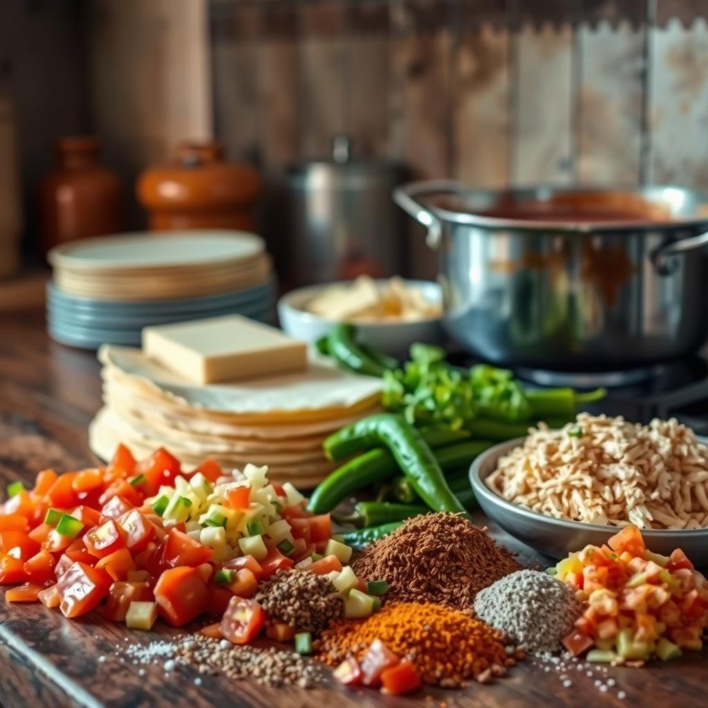 A rustic kitchen countertop, softly lit from above, displaying an array of essential enchilada ingredients. In the foreground, freshly diced tomatoes, vibrant green chiles, and a pile of fragrant spices. In the middle ground, a stack of corn tortillas, a block of melty cheese, and a bowl of shredded chicken. In the background, a simmering pot of enchilada sauce, its rich aroma filling the air. The scene is captured with a warm, earthy tone, inviting the viewer to imagine the delicious enchiladas soon to be prepared. A rustic kitchen countertop, softly lit from above, displaying an array of essential enchilada ingredients. In the foreground, freshly diced tomatoes, vibrant green chiles, and a pile of fragrant spices. In the middle ground, a stack of corn tortillas, a block of melty cheese, and a bowl of shredded chicken. In the background, a simmering pot of enchilada sauce, its rich aroma filling the air. The scene is captured with a warm, earthy tone, inviting the viewer to imagine the delicious enchiladas soon to be prepared.