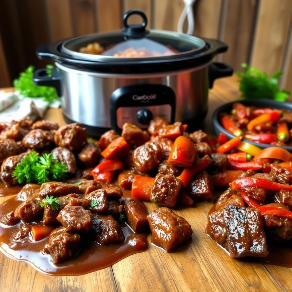 A rustic, well-lit slow cooker sits atop a wooden table, surrounded by an array of savory beef tips in various preparations. In the foreground, tender braised beef tips in a rich, aromatic gravy, garnished with fresh parsley. In the middle ground, caramelized beef tips coated in a tangy barbecue-style sauce, with a hint of smokiness. In the background, spicy beef tips simmered in a zesty tomato-based sauce, accented by vibrant peppers and onions. The scene exudes a homey, comforting atmosphere, inviting the viewer to imagine the myriad flavor combinations and regional inspirations that can be explored with this versatile slow cooker dish.