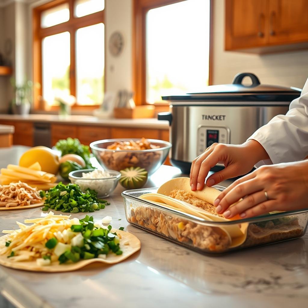 A spacious kitchen counter, illuminated by warm natural light streaming through large windows. On the surface, a selection of fresh ingredients for enchilada preparation - corn tortillas, shredded chicken, grated cheese, diced onions, and vibrant green cilantro. In the foreground, a chef's hands meticulously assembling the layers, carefully rolling the tortillas and arranging them in a baking dish. The background features a slow cooker, its digital display indicating the gradual simmering of the enchilada sauce. The overall scene conveys a sense of calm, focused preparation, and the anticipation of a delicious, homemade slow-cooked enchilada dish. A spacious kitchen counter, illuminated by warm natural light streaming through large windows. On the surface, a selection of fresh ingredients for enchilada preparation - corn tortillas, shredded chicken, grated cheese, diced onions, and vibrant green cilantro. In the foreground, a chef's hands meticulously assembling the layers, carefully rolling the tortillas and arranging them in a baking dish. The background features a slow cooker, its digital display indicating the gradual simmering of the enchilada sauce. The overall scene conveys a sense of calm, focused preparation, and the anticipation of a delicious, homemade slow-cooked enchilada dish.