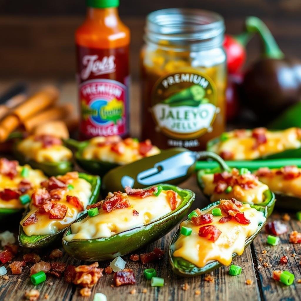 A tantalizing spread of jalapeño popper flavors adorns a rustic wooden table. In the foreground, plump, fire-roasted jalapeños burst with creamy, melted cheese. Surrounding them, a scattering of crumbled bacon and a sprinkle of chopped scallions add pops of color and texture. The middle ground features a jar of zesty jalapeño jelly, its glossy surface reflecting the warm, inviting lighting from above. In the background, a bottle of premium hot sauce and a few whole jalapeños hint at the bold, spicy notes that will infuse the dish. The overall scene exudes a cozy, homemade atmosphere, perfectly setting the stage for the flavorful Crockpot Jalapeño Popper Chicken to come.