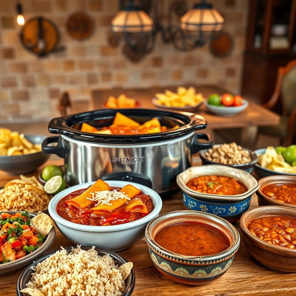 A vibrant crockpot scene with various Mexican-inspired dishes. In the foreground, a steaming slow cooker filled with savory enchiladas, their warm sauce glistening. Surrounding it, an array of colorful accompaniments - sizzling fajita veggies, fluffy spanish rice, tangy guacamole, and crisp tortilla chips. In the middle ground, a wooden table set with rustic ceramic plates and bowls, each containing a unique variation - chili con carne, chicken mole, and vegetarian bean stew. The background features a cozy kitchen interior, with earthy tile floors, warm pendant lighting, and wrought-iron accents. The overall mood is inviting, comforting, and perfectly suited for an easy, family-style Mexican feast. A vibrant crockpot scene with various Mexican-inspired dishes. In the foreground, a steaming slow cooker filled with savory enchiladas, their warm sauce glistening. Surrounding it, an array of colorful accompaniments - sizzling fajita veggies, fluffy spanish rice, tangy guacamole, and crisp tortilla chips. In the middle ground, a wooden table set with rustic ceramic plates and bowls, each containing a unique variation - chili con carne, chicken mole, and vegetarian bean stew. The background features a cozy kitchen interior, with earthy tile floors, warm pendant lighting, and wrought-iron accents. The overall mood is inviting, comforting, and perfectly suited for an easy, family-style Mexican feast.