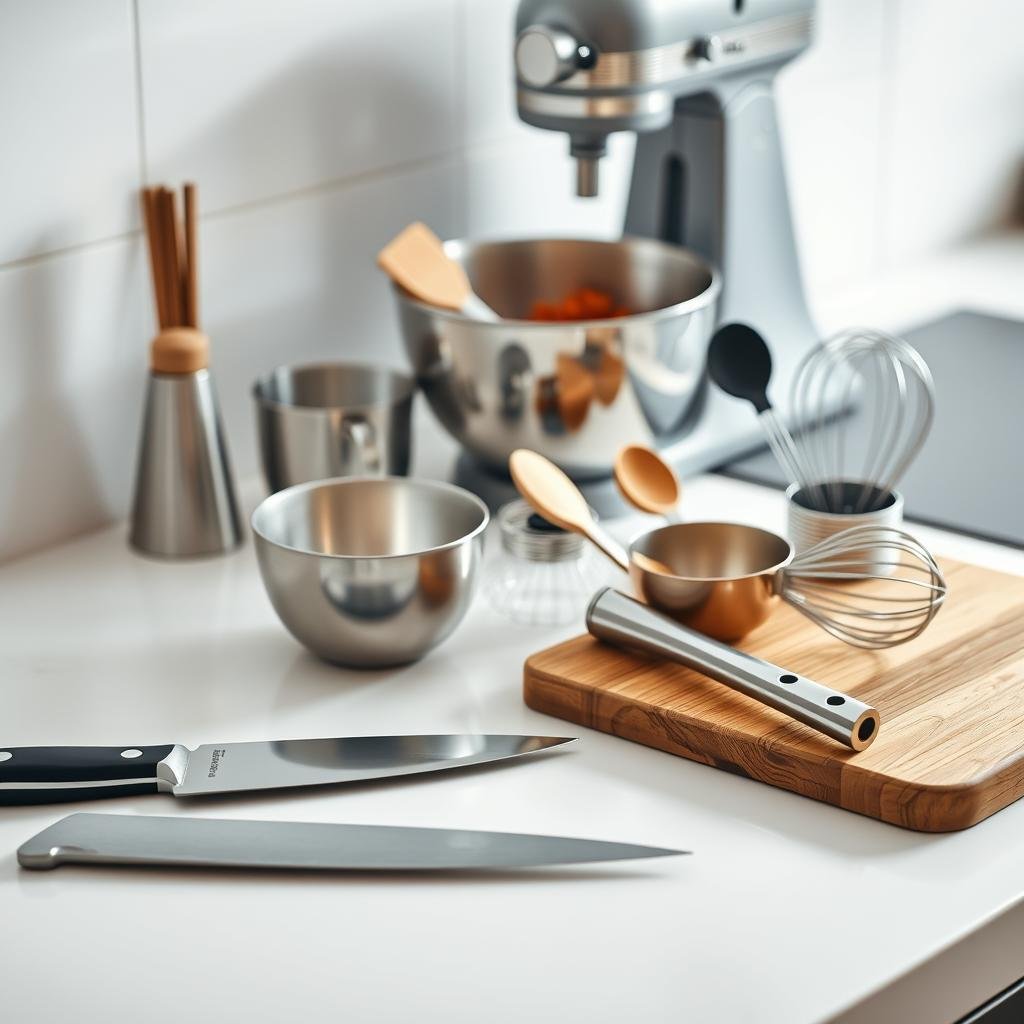 A well-lit, high-angle shot of a modern, minimalist kitchen counter, showcasing an assortment of essential cooking tools. In the foreground, a chef's knife, a wooden cutting board, and a garlic press sit neatly arranged. In the middle ground, a large mixing bowl, a set of measuring cups and spoons, and a sturdy whisk create a sense of culinary preparation. The background features a sleek, stainless-steel kitchen appliance, possibly a stand mixer or blender, providing a touch of sophistication. The lighting is soft and natural, casting gentle shadows and highlighting the textures of the various tools. The overall mood is one of efficiency, organization, and a passion for home-cooked meals.