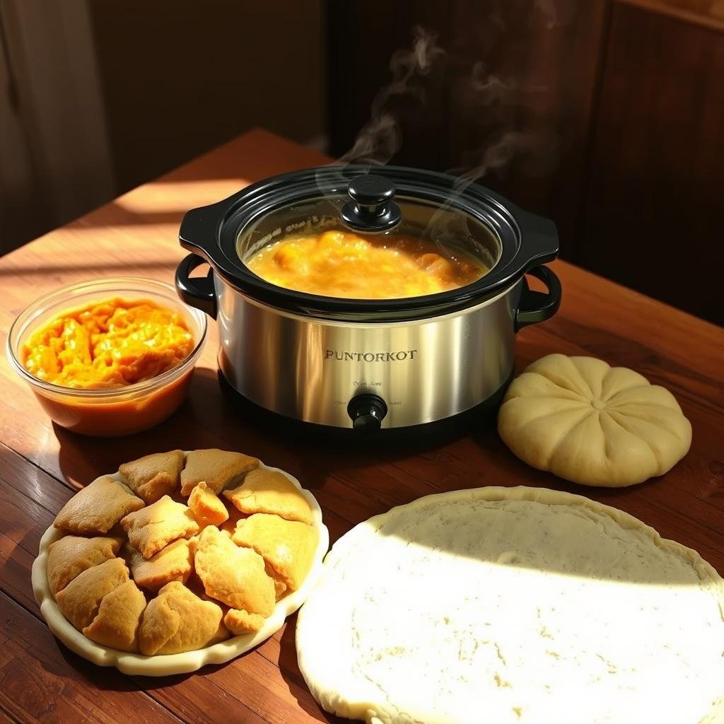 A well-lit, warm-toned crockpot sits on a rustic wooden table, steaming gently. Around it, an array of common baking mistakes are displayed - an overly liquefied pumpkin filling, a sunken and cracked cobbler topping, a layer of uncooked dough. The lighting casts soft shadows, creating a sense of depth and drawing the viewer's attention to the problematic elements. The overall mood is one of helpful instruction, guiding the viewer on how to avoid these pitfalls for a perfectly baked crockpot pumpkin cobbler.