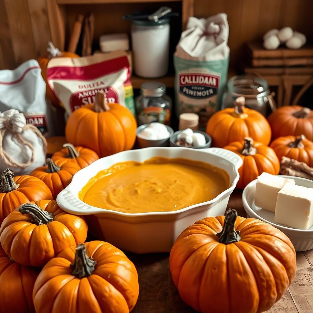 An arrangement of various pumpkin cobbler ingredients set against a warm, rustic backdrop. In the foreground, a pile of freshly harvested pumpkins, their orange hues glowing under soft, natural lighting. Surrounding them, an assortment of baking staples - flour, sugar, cinnamon, nutmeg, and butter - all neatly organized on a wooden table. In the middle ground, a vintage ceramic baking dish filled with a smooth, creamy pumpkin mixture, ready to be topped with a flaky, golden crust. The background features a cozy, autumn-inspired setting, perhaps a farmhouse kitchen or a country-style pantry, with wooden shelves and subtle earth-toned accents. The overall composition conveys a sense of homemade comfort and the joy of preparing a cherished fall dessert.