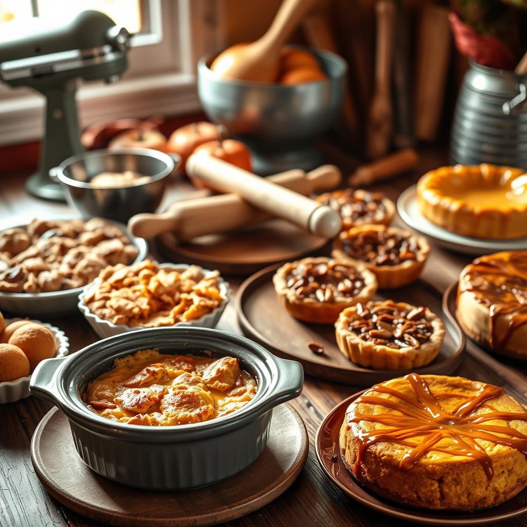 Autumn dessert ideas: a cozy, warm-lit scene with a rustic wooden table showcasing an assortment of delectable fall treats. In the foreground, a steaming pumpkin cobbler fresh from the crockpot, its golden crust glistening under soft, natural lighting. Surrounding it, an array of seasonal favorites - spiced apple crisps, maple-glazed pecan tarts, and a rich pumpkin cheesecake drizzled with caramel. The middle ground features a vintage mixing bowl, flour-dusted rolling pin, and other baking accoutrements, hinting at the careful preparation behind these delightful desserts. In the background, a warm, autumnal palette of ochre, crimson, and burnt sienna, evoking the cozy ambiance of fall. Overall, a tempting, mouthwatering scene that captures the essence of the perfect autumn treat.