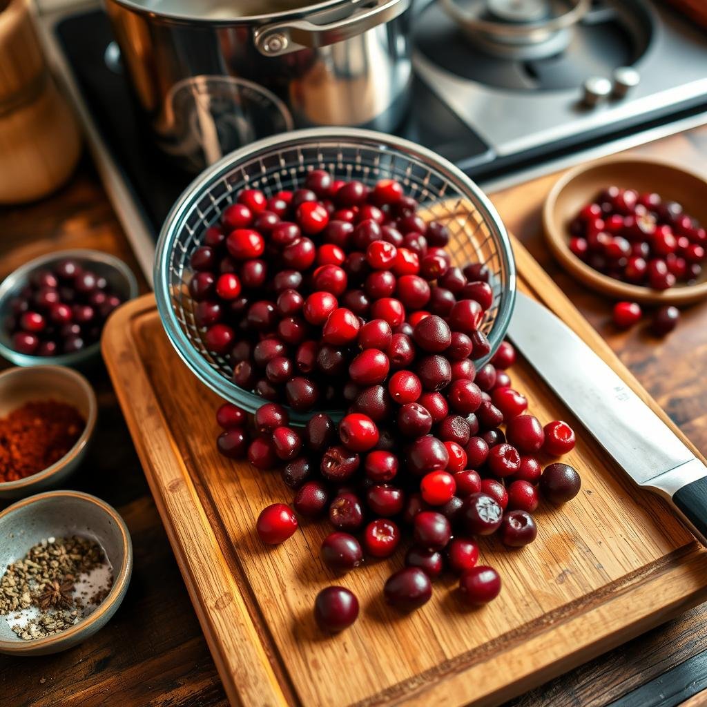 Cranberries being carefully rinsed and sorted, their deep ruby hues glistening under warm, diffused lighting. Wooden cutting board on a rustic kitchen counter, with a sharp knife poised to dice the fragrant berries. Aromatic spices and herbs in small bowls nearby, ready to be combined into a flavorful sauce. In the background, a stove with a simmering pot, steam gently rising. The scene exudes a sense of calm preparation, in anticipation of the delicious meal to come.