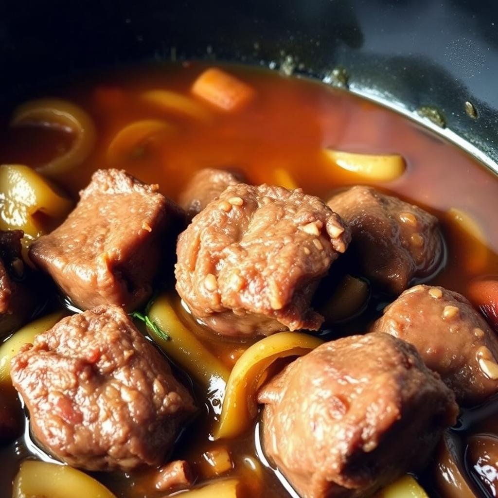 Crockpot French Onion Beef Tips: a hearty, slow-simmered dish featuring tender beef tips, caramelized onions, and rich, savory broth. In the foreground, juicy beef tips, cooked to perfection, are nestled in a bed of golden-brown onions, their layers glistening with the flavors of thyme, garlic, and beef stock. The middle ground showcases the deep, amber hue of the French onion-infused broth, its surface lightly steaming. In the background, a cozy, rustic setting with weathered wooden surfaces evokes the comforting, homestyle appeal of this dish. Soft, natural lighting casts a warm glow, enhancing the dish's inviting, hearty appearance.