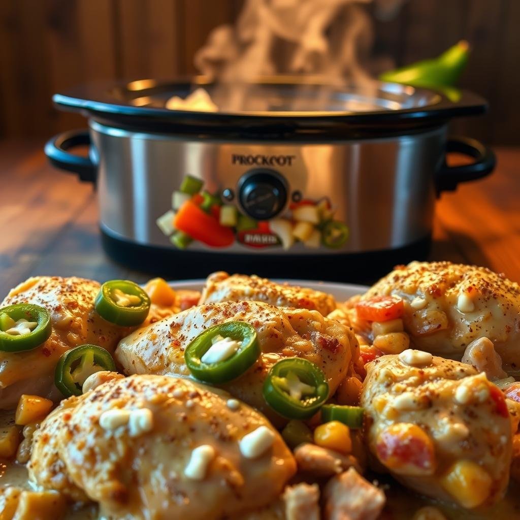 Crockpot Jalapeño Popper Chicken: a delicious slow-cooked meal with tender chicken in a creamy, spicy sauce. In the foreground, juicy chicken thighs are simmered with jalapeños, cream cheese, and spices, creating a rich, flavorful dish. The middle ground features diced bell peppers, onions, and garlic, adding depth and texture. The background shows a rustic, wooden table, with a cast iron crockpot in the center, steam gently rising from the dish. Warm lighting casts a comforting glow, inviting the viewer to savor the aroma and enjoy this hearty, homemade meal. Avoid overcooking the chicken or using too many jalapeños - balance is key for the perfect Crockpot Jalapeño Popper Chicken.