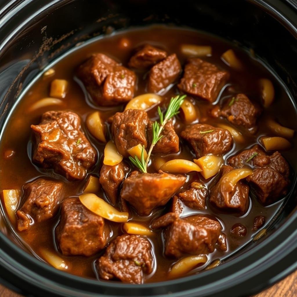 Crockpot beef tips in a rich, savory gravy, simmered to tender perfection. The juicy, fork-tender chunks of beef are nestled in a bed of caramelized onions, with a hint of garlic and rosemary. The warm, earthy tones of the stew are illuminated by soft, diffused lighting, creating a cozy, inviting atmosphere. The camera captures the dish from a high angle, showcasing the hearty texture and glossy sheen of the sauce. A rustic, wooden table provides the backdrop, lending an authentic, homestyle feel to the scene.