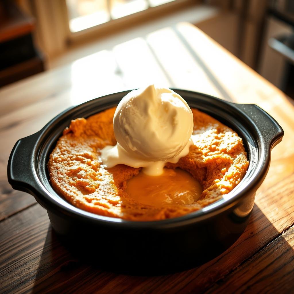 Crockpot pumpkin lava cake with a molten center, garnished with a generous scoop of creamy vanilla ice cream. The cake's golden crust contrasts with the soft, gooey interior, while the ice cream adds a cool, smooth texture. Warm autumn light filters through the kitchen window, casting a cozy glow on the dessert. The scene is captured from a high angle, showcasing the delectable presentation on a rustic wooden table. Subtle shadows and highlights accentuate the cake's inviting appearance, enticing the viewer to indulge in this decadent autumnal treat.