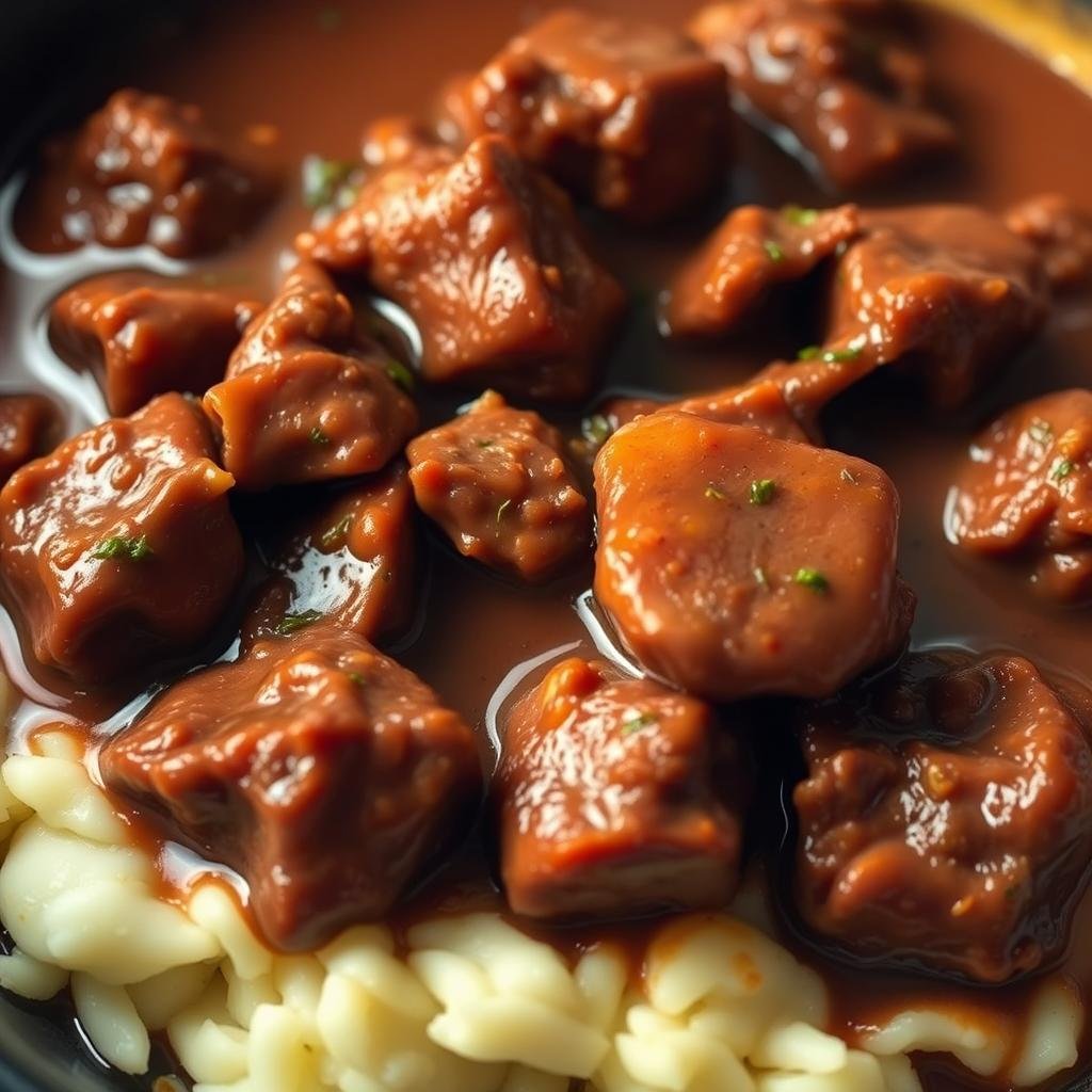 Slow-cooked beef tips in a rich, savory gravy, glistening with a golden hue, nestled on a bed of fluffy mashed potatoes. Tender chunks of beef, simmered for hours in a blend of aromatic herbs and spices, creating a comforting and inviting scene. The lighting is warm and gentle, casting a soft glow over the dish, evoking a sense of homey, cozy atmosphere. The camera angle is slightly elevated, showcasing the depth and texture of the dish, inviting the viewer to savor the mouthwatering aroma and anticipate the satisfying, slow-cooked goodness.
